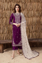 BrandsInn-3PC DHANAK EMBROIDERED SHIRT WITH DHANAK EMBROIDERED SHAWL AND TROUSER-BI-4338